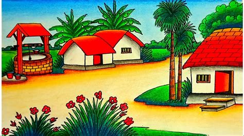 beautiful village drawing easy|How to draw easy scenery of beautiful Landscape village with .